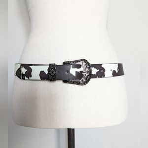 Dark brown and white faux leather cow print western style belt size 6-10